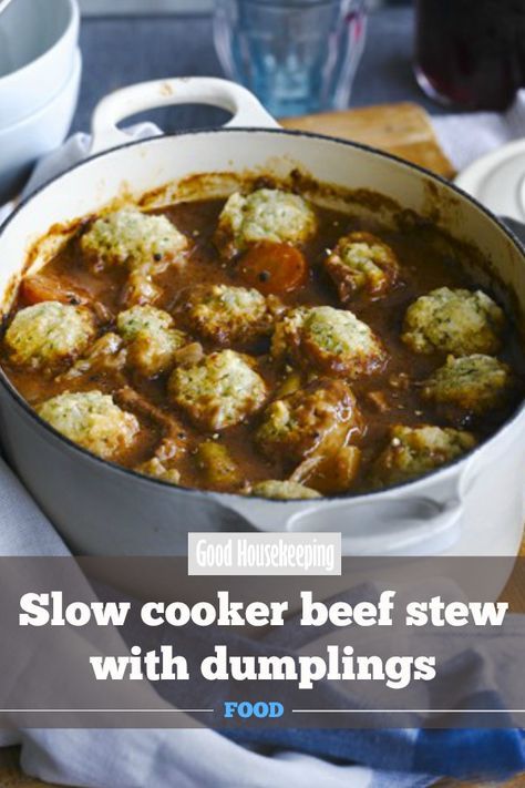 Slow cooker beef stew with dumplings recipe. This beef stew recipe doesn't require you to brown the beef, which makes it perfect for your slow cooker. #slowcooker #slowcookerrecipes #recipeideas #beefrecipes #easymeals Stew With Dumplings, Beef Stew With Dumplings, Slow Beef Stew, Stew Crockpot, Slow Cooker Recipes Beef Stew, Best Slow Cooker Recipes, Stew And Dumplings, Stew Beef, Crockpot Recipes Beef Stew