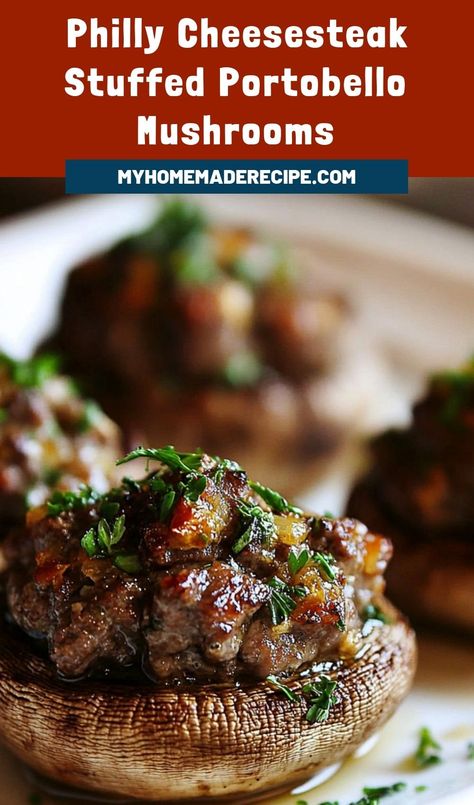 Hamburger Stuffed Portabella Mushrooms, Asian Stuffed Mushrooms, Portable Mushroom Recipes, Hamburger Stuffed Mushrooms, Beef Stuffed Mushrooms, Marinated Mushrooms Appetizer, Steak Stuffed Mushrooms, Healing Meals, Hearty Appetizer