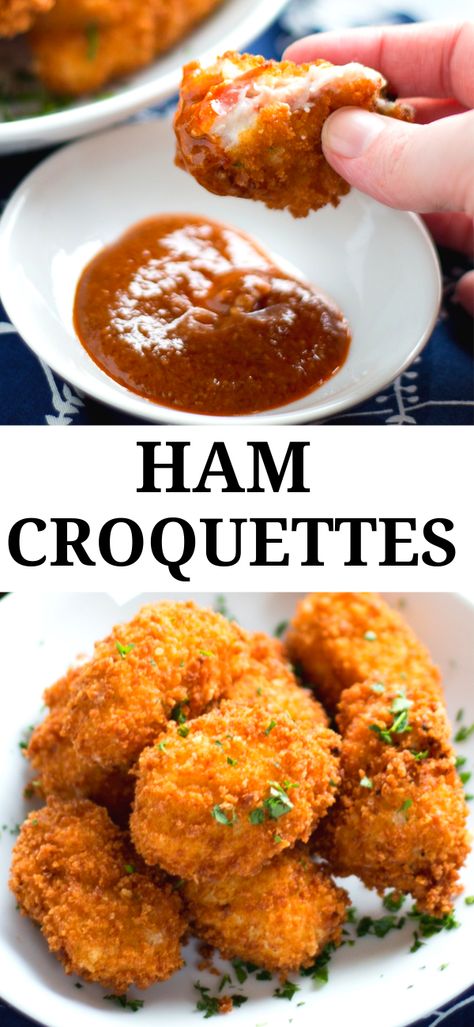 Ham Croquettes (Croquetas de Jamon) are a classic Spanish tapas dish. Crispy on the outside and creamy on the inside, these little flavor bombs will knock your socks off. Ham Croquettes Recipe, Sliced Chicken Breast Recipes, Ham Croquettes, Vegetable Patties, Ham Sauce, Croquettes Recipe, Dinner Favorites, Potato Croquettes, Tapas Dishes