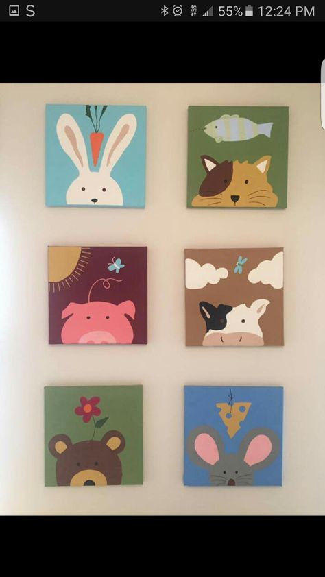 Nursery Paintings Canvas Acrylic, Cute Animals Painting Easy, Canvas Painting Ideas For Nursery Diy Art, Canvas Painting Ideas For Nursery, Cute Animal Canvas Paintings, Diy Nursery Painting Canvases, Mini Canvas Art Nursery, Baby Canvas Painting, Diy Nursery Painting