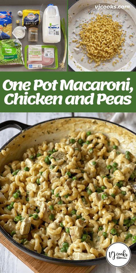 An easy one pot pasta dish made from macaroni, diced chicken pieces and peas cooked in a creamy white sauce.If there's one think I've learnt over the years, it's that my readers love a one pot meal as much as I do. That's why I know this One Pot Macaroni, Chicken and Peas recipe is going to be super popular. Made from family favourites - pasta and chicken - this meal is sure to be a winner with even the most fussy eaters. #vjcooks #chickendinner #pastameal Chicken Peas Pasta, Chicken Macaroni Recipe, Macaroni Chicken, Chicken Peas Recipe, Chicken And Peas, Easy One Pot Pasta, Pasta And Peas, Pasta And Chicken, Vj Cooks