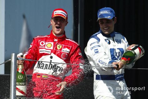 Podio: ganador de la carrera Michael Schumacher, Ferrari, tercer lugar Juan Pablo Montoya, Williams Michael Schumacher Ferrari, The Missing Link, Racing Drivers, Michael Schumacher, Missing Link, World Champion, Racing Driver, Car And Driver, The Missing