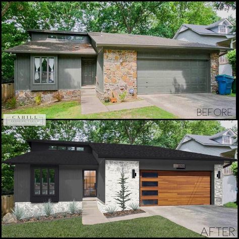 Siding Before And After Exterior, Before And After Home Exterior Modern, 1970s Home Exterior Update, Rock Exterior Makeover, 1980s House Exterior Update, 70s Exterior Remodel, Mcm Exterior Makeover, 70s Home Exterior Makeover, Modern Home Color Exterior