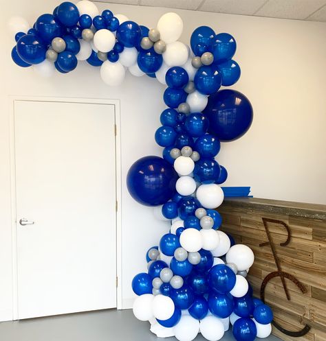 Royal blue white and grey balloon garland on free standing frame Royal Blue And White Balloon Arch, Royal Blue And White Balloon Garland, Royal Blue Balloon Garland, Blue And White Balloon Garland, Grey Balloon Garland, Greek Party Decorations, Baloon Garland, Blue Balloon Garland, Balloon Business