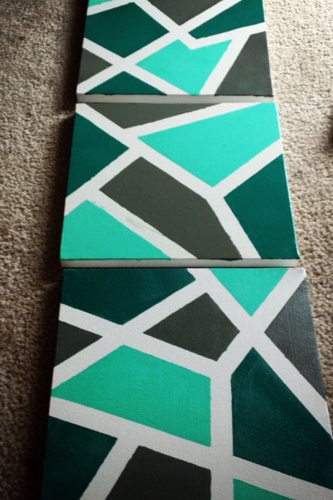 I took three small canvas' and put painters tape over a few areas randomly. Then selected three different colors and painted each section. I let dry then pulled off the tape and voila! All done! Easy, yet fun! Paintings To Put On Wall, Diy Geometric Wall, Diy Canvas Art Ideas, Painters Tape Art, Canvas Art Ideas, Whale Painting, Painting Kids, Tape Painting, Canvas Art Projects