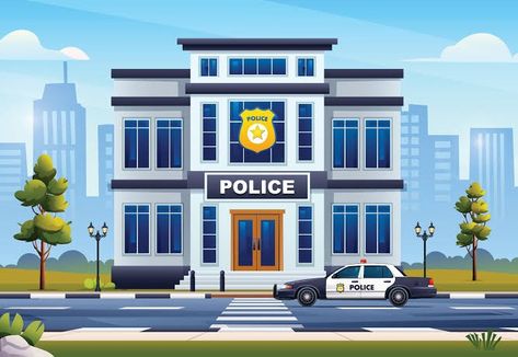 Police Station Cartoon, Police Station Background, Police Background, Children's Day Craft, Cityscape Background, Patrol Car, Video Backdrops, Baby Shower Photo Booth, Blue Sky Clouds