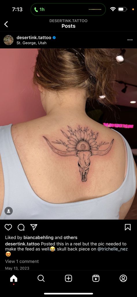 Longhorn Back Tattoo Women, Longhorn Tattoo Under Knee, Longhorn Leg Tattoo, Long Horn Tattoo With Flowers, Longhorn Skull Back Tattoo, Horn Tattoo, Long Horn Tattoo Skull Texas Longhorns, Longhorn Tattoo, Long Horn