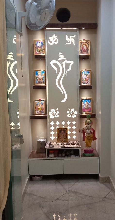 Pooja mandir design in Hyderabad #pooja Devotional Room Designs, Glass Mandir Design Puja Room, Hindu Pooja Room Designs, Tample Degin For Home, Home Puja Room Design, Home Temple Ideas Puja Room Small Modern, Puja Room Design Indian Traditional, Small Puja Room, Small Puja Room Ideas