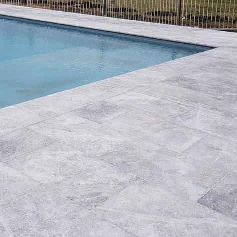 Grey Pool Pavers, Travertine Pool Decking, Pool Coping Tiles, Stone Pool Coping, Grey Pavers, Pool Surrounds, Pool Paving, Pool Decking, Pool Pavers