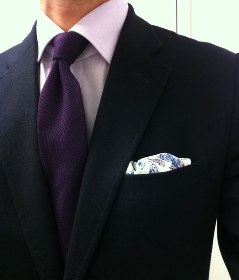 Navy jacket, lavender shirt, purple tie, ps Masculine Lifestyle, Cuffing Jeans, Purple Shirt Outfits, Lavender Shirt, White Tux, Charcoal Suit, Black Suit Men, Purple Suits, Wedding Outfit Men