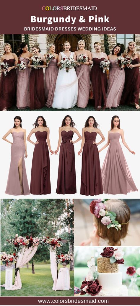 burgundy and pink mix and matched bridesmaid dresses $69-99, 500+ styles, all sizes, great for weddings. #colsbm #bridesmaids #weddings #weddingideas #burgundywedding Pink And Burgundy Wedding, Burgundy Wedding Colors, White Bridal Gown, Colored Wedding Dress, Wedding Color Combos, Navy Blue Bridesmaid Dresses, Dusty Blue Bridesmaid Dresses, Burgundy Bridesmaid, Burgundy Bridesmaid Dresses