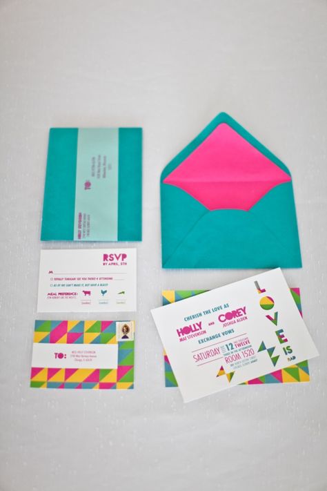 80's Invitations. Perfect color-scheme. 80s Wedding Invitations, 1980s Bride, 80s Gala, 80s Wedding Theme, 1980s Wedding, 80s Wedding, Wedding Singer, Colorful Wedding Invitations, 80's Party