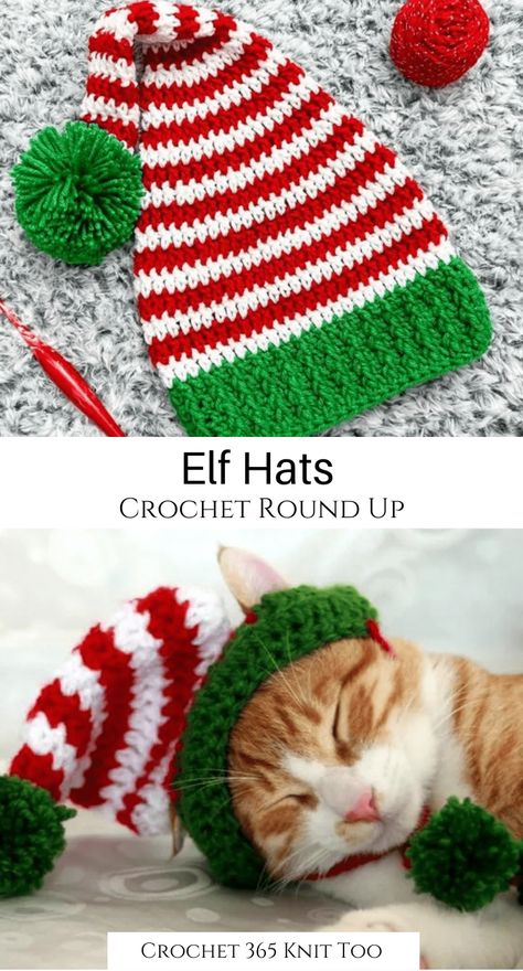 Looking for a fun and festive thing to wear to that holiday work party? These crochet elf hats are sure to impress! #crochet #crochethat #crochethatpattern #crochet365knittoo #crochetelfhat #crochetelfhatpattern #christmascrochet #crochetchristmas #crochetchristmashat Crochet Cat Santa Hat Free Pattern, Christmas Hat Crochet Pattern, Christmas Hat Crochet, Crochet Elf Hat Pattern, Cat Christmas Hat, Elf Cap, Holiday Work Party, Crochet Elf Hat, Crochet Elf