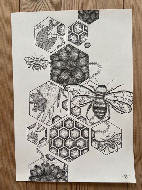 Sun And Mushroom Tattoo, Honey Combs Drawing, Bee Hive Tattoo Design, Bee And Honeycomb Tattoo, Sinister Tattoos, Bumble Bee Drawing, Throat Tattoos, Cowgirl Fits, Tattoo Owl