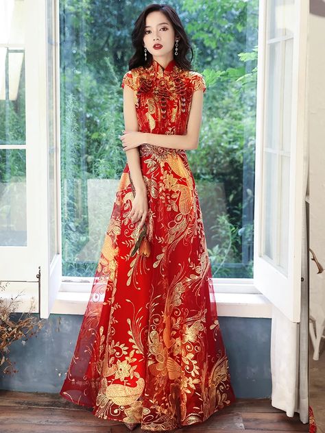 Chinese Gown Bridal Cheongsam Sequined Embroidery Chinese Style Qipao Elegant Women's Long Wine Red Thai Wedding Dress Modern, Chinese Inspired Dress, Brain Creative, Chinese Style Wedding Dress, Modern Chinese Wedding Dress, Red Cheongsam Dress, Red Chinese Wedding Dress, Chinese Prom Dress, Modern Chinese Wedding