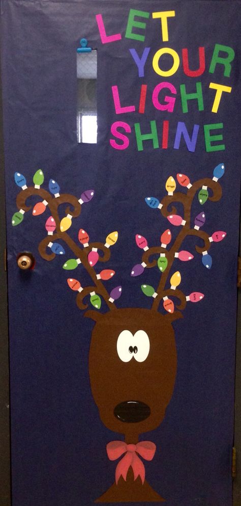 Christmas Light Classroom Door, Rudolph Classroom Door Decorating Ideas, Seasonal Classroom Door Ideas, Christmas Door Ideas For Preschool Classroom, Christmas Door For Daycare, Pre K Christmas Door Ideas, Classroom Door Ideas For Winter, Winter Classroom Door Ideas Preschool, December Door Decorations Preschool