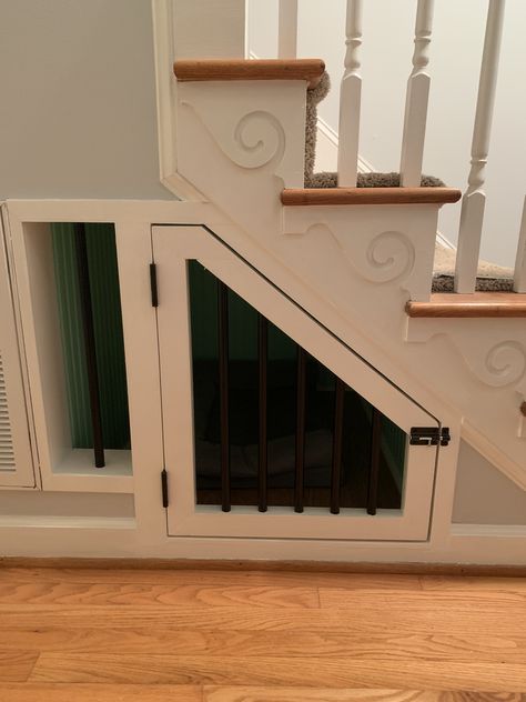 Understairs Ideas For Dogs, Dog Door Under Stairs, Built In Dog Kennel Under Stairs, Understair Dog Den, Under Stairs Dog Bed, Under Stair Doghouse, Rustic Livingrooms, Under Stairs Dog Kennel, Under Stairs Dog Room