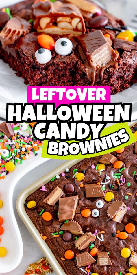 Brownies with candy add-ins Halloween Candy Brownies, Halloween Candy Desserts, Monster Brownies Halloween, Halloween Brownie Recipes, Spooky Desserts Halloween, Halloween Brownies Ideas, Monster Brownies, Candy Brownies, Halloween Candies