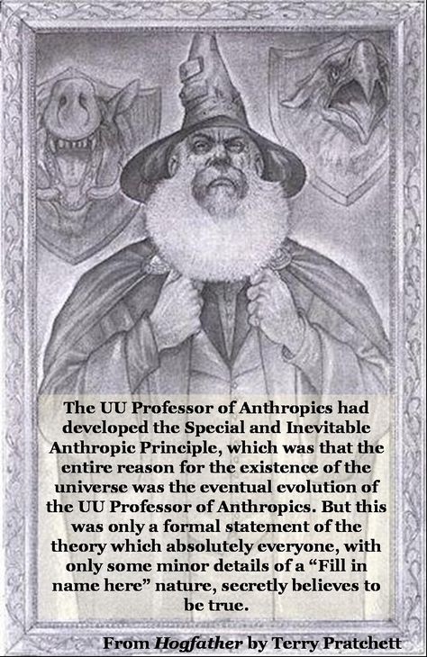 The ultimate anthropic principle from a professor at Unseen University. Anthropic Principle, Terry Pratchett Quote, Trucking Humor, Terry Pratchett Discworld, Natural Philosophy, Library Boards, Sayings And Phrases, Terry Pratchett, Favorite Authors