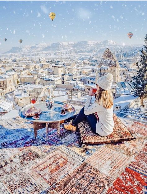 Winter in Cappadocia, Turkey ❄️❄️❄️  📸@izkiz #turkeytravel #cappadocia #cappadociaturkey #wintertravel Cappadocia Hot Air Balloon, Visit Istanbul, Turkey Tour, Cappadocia Turkey, Turkey Travel, Hot Air Balloons, Beautiful Dream, Rooftops, Air Balloons