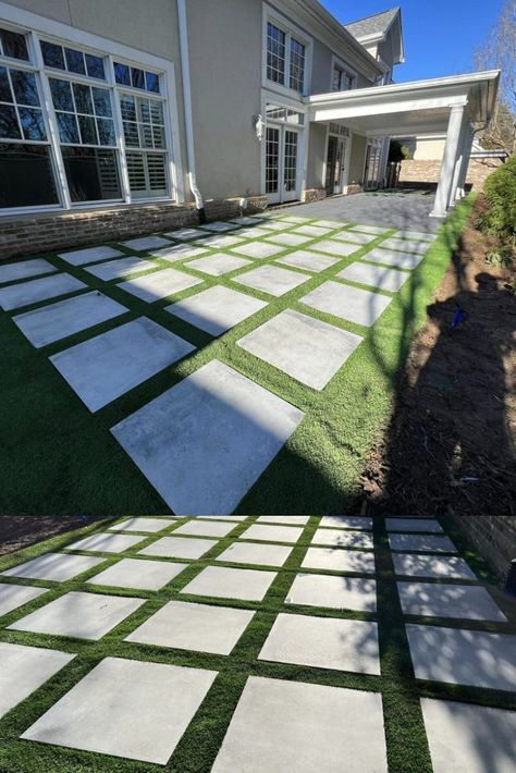 Maintenance-free Outdoor Living has been trending for years in Charlotte and recently this modern look of Artificial Turf with Stepping Stones is better than ever. Installed with a product called PetTurf the drainage under the Artificial Turf works very well with the 67 stone and 87 stone base. Artificial Turf, Tip Of The Day, Artificial Grass, Green Grass, White Stone, Gardening Tips, Stepping Stones, White House, Outdoor Living