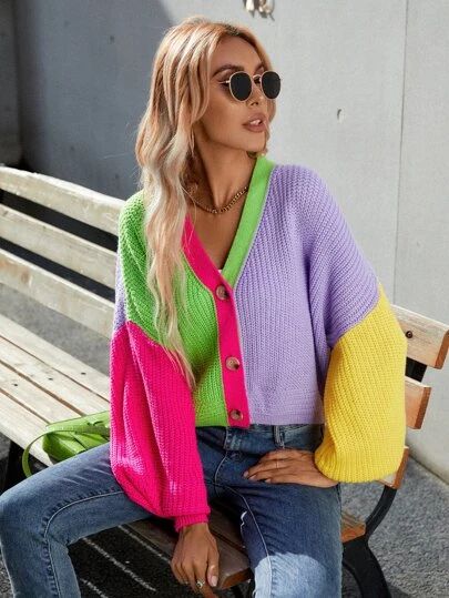 Ladies Cardigan Knitting Patterns, Colorful Cardigan, Colored Cardigans, Crochet Fashion Patterns, Fashion Project, Button Front Cardigan, Color Block Sweater, Lantern Sleeve, Knit Outfit