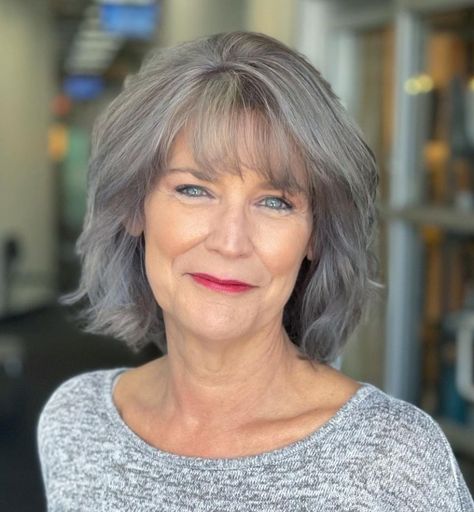 Layered Bob With Bangs Med Bob With Bangs, 2023 Hair Trends For Women Over 60, Gray Bob Hairstyles Over 50, Bobs With Bangs For Older Women, Jagged Bangs, Feathery Bangs, Gray Bob Hairstyles, Low Maintenance Hairstyles, Bangs For Older Women