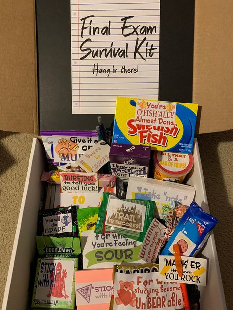 "Build your own Final Exam Survival Kit! You choose the box and the kit will come with a decorative note on the box and your choice of contents. Either 12 or 17 items depending on the box you select. Please watch shipping times! Step 1: Choice of box and amount of items: *Reusable Large black and white magnetic close 14x10x5.5- Choice of 17 items $55 *Reusable Medium black and white magnetic close 11.5x8.5x4.5 - Choice of 12 items $45 *Reusable Large multicolor striped magnetic close 14x10x5.5 - Exam Survival Kit Ideas, Final Exam Survival Kit, Exam Survival Kit, Finals Week Care Package, Survival Kit Ideas, Finals Care Package, College Gift Boxes, Dorm Gifts, College Survival Kit