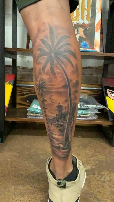 Tree Leg Tattoo, Butterfly Leg Tattoos, Star Tattoos For Men, Calf Tattoo Men, Beachy Tattoos, Tattoo Perna, Florida Tattoos, Freedom Tattoos, Shin Tattoo