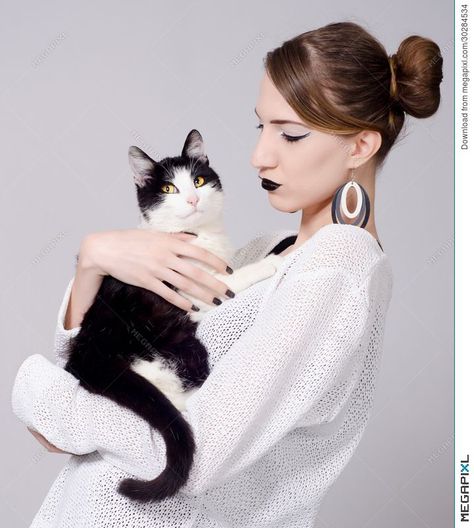 White Cat With Yellow Eyes, Cat Stock Photo, Hug Pose, Holding A Cat, Cat Stock, Black And White Cat, Photographie Portrait Inspiration, People Poses, Anatomy Poses