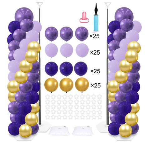 PRICES MAY VARY. Purple Balloon Stand Kit:This balloon column stand kit contains 2 x metallic rods ,50 X balloon clips,25 X metallic gold balloon, 25 X metallic purple balloons, 25 X dark purple balloons, 25 X lavender balloons, 2 X PVC bases, 2 X water bags, 1 X balloon pump,1Xballoon knotters，2 X balloon cups. Adjustable & Easy Assembly:The one-piece stainless steel telescopic pole structure is extremely convenient to use, sturdy and not easily deformed, with a reduced size of 45 centimeters, Balloon Accents, Simple Balloons Decoration, Ballon Diy, Simple Balloon Decoration, Lavender Balloons, Helium Balloons Birthday, Balloon Pillars, Balloon Holders, How To Make Garland