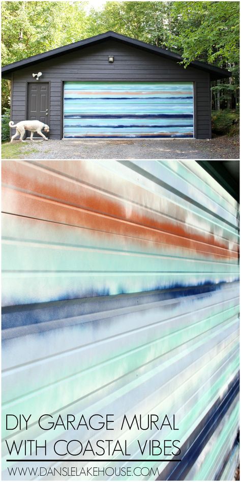 Garage Makeover: DIY Mural with Coastal Vibes. DIY Spray Paint Mural Project. Garage Door Mural. Dark Grey Painted Siding. Spray Paint Garage Door, Garage Door Mural Ideas, Painted Garage Door, Garage Door Mural, Garage Mural, Garage Door Paint, Spray Paint Projects, Diy Mural, Garage Door Types