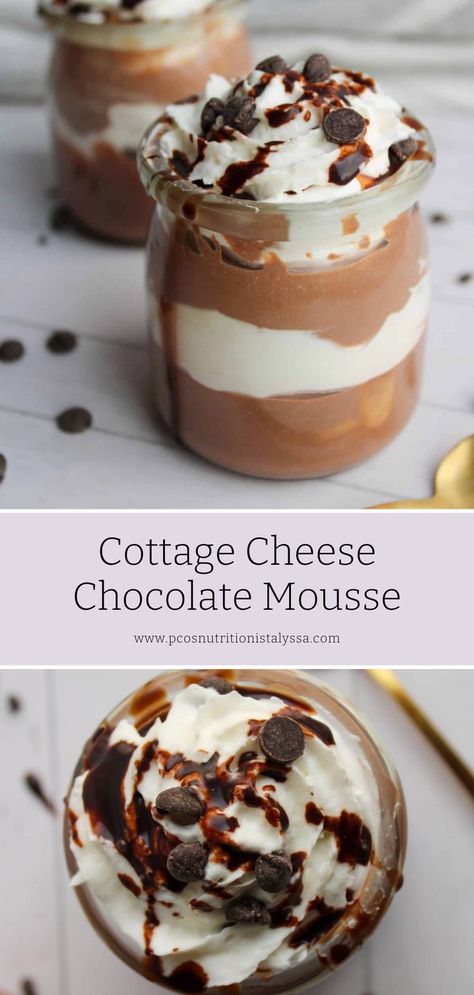 This chocolate mousse recipe with cottage cheese is a healthy and protein packed option for anyone looking for a quick and easy dessert. With only four ingredients, you can whip up this tasty treat in no time. Cottage Cheese Chocolate Pudding, Quick Protein Snacks, Recipe With Cottage Cheese, Cottage Cheese Chocolate, High Protein Dessert, Cottage Cheese Dessert Recipes, 4 Ingredient Desserts, Cottage Cheese Recipes Healthy, Healthy Chocolate Snacks