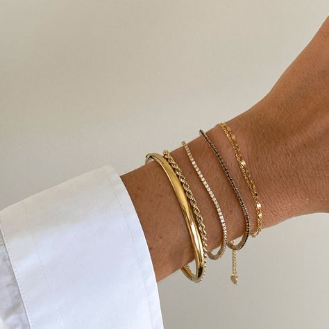 Stacking bangles is an art form, and this gold beauty is your canvas. Slim on one side and wider on the other, this polished bangle is just waiting to be stacked. Metal: 18ct Fine Gold Plated Product Dimensions: 52mm x 61mmSKU: 18135664 Knit Bracelet, Gold Beauty, Diamond Tennis Bracelet, Stacked Bangles, Protection Necklace, Double Chain, Tennis Bracelet Diamond, Ring Fit, Gorgeous Jewelry