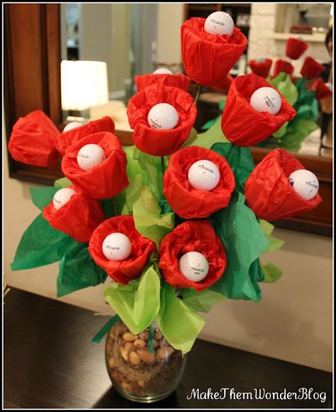 Golf Ball Flowers, Valentine's Bouquet, Golf Centerpieces, Golf Crafts, Ball Flowers, Golf Birthday Gifts, Golf Ball Displays, Golf Ball Gift, Golf Ball Crafts