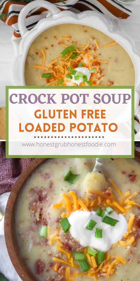 This crock pot Gluten Free Loaded Potato Soup is the go to. Make this potato soup and it will soon become your favorite. I share 2 of my tips that make it an absolute must! You will not make it different every again! Crockpot Gluten Free Potato Soup, Gluten Free Potato Soup Crockpot, Gluten Free Crock Pot Soup, Gluten Free Soups In A Crock Pot, Soups Gluten Free, Gluten Free Soups, Gluten Free Soup Recipes, Gluten Free Potato Soup, Gluten Free Crock Pot