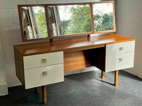 Midcentury Dressing Table Teak Vintage 1960s | Vinterior Living Room 60s, Beautiful Dressing Table, Dream Vanity, Stressless Recliner, Apt Decor, Reclining Armchair, Dressing Tables, Furniture Vanity, Pull Handles