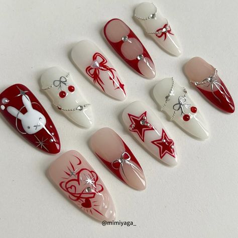 custom set. red miffy🐰 ib：@oaklestudio #nail #nails #pressonnails #pressons #nailextensions #stickonnails #y2knails #y2k #starnails #y2kaesthetic #y2kfashion #nailart #naildesign #naildesigns #miffy inspo Fake Nails Designs, Grunge Nails, Y2k Nails, Pretty Gel Nails, Really Cute Nails, Soft Nails, Kawaii Nails, Cat Kuku, Nails Desing