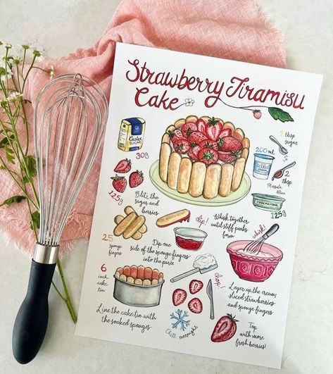 Cute Recipes Book, Illustrated Recipes Drawings, Recipe Book Illustration, Recipe Calligraphy, Cake Recipe Illustration, Aesthetic Recipes Notes, Cooking Sketch, Drawn Recipes, Recipe Book Pages