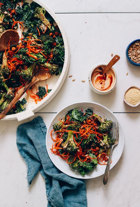 Broccoli Carrot Salad, Chickpea Kale Salad, Broccoli Chickpea, Chickpea Dishes, Creamy Chipotle Dressing, Crispy Broccoli, Salad Broccoli, Dinosaur Kale, Broccoli Carrot