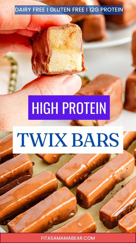 Two images of Chocolate coated Twix protein bars with one broken in half and the other of the bars on a baking sheet and text between the images. Twix Bars Recipe, Healthy Twix Bars, Twix Bars, Chewy Caramel, Healthy Treats Recipes, Caramel Shortbread, Twix Bar, Protein Bar Recipes, Protein Desserts