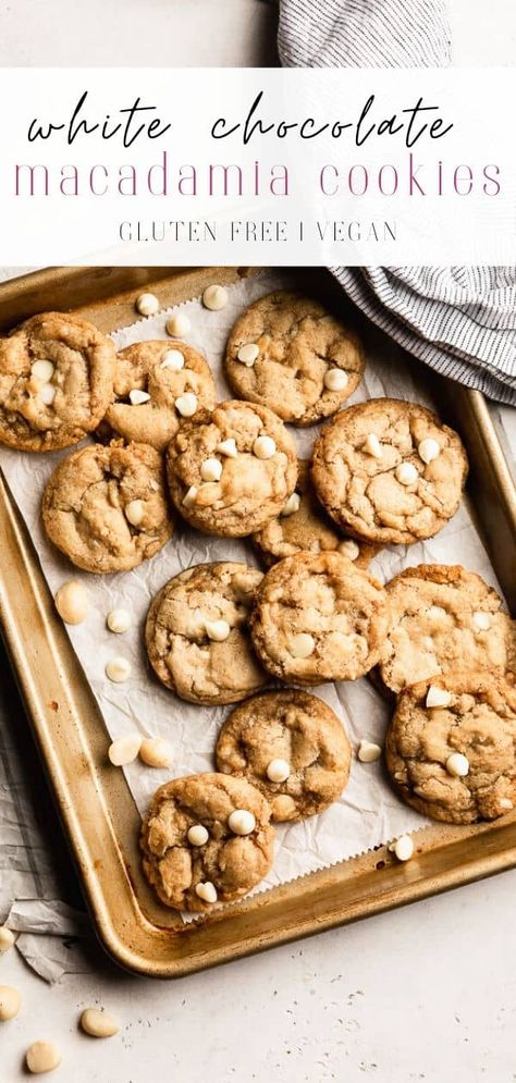 Soft and chewy gluten free white chocolate macadamia nut cookies loaded with white chocolate and crunchy macadamia nuts. This recipe is gluten free and vegan!! #glutenfree #vegan #dairyfree #summerrecipes #summerdessert Chocolate Chip Macadamia Nut Cookies, White Chocolate Chip Macadamia Nut Cookies, Bbq Dessert, Cookies Peanut Butter, White Chocolate Macadamia Nut Cookies, Macadamia Nut Cookies, Nut Cookies, Vegan White Chocolate, Fall Baking Recipes