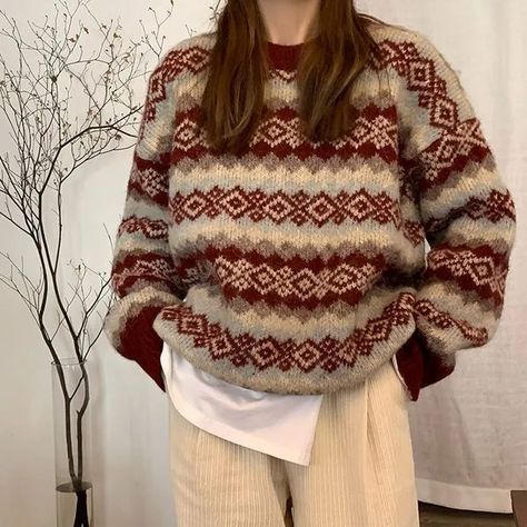 Winter Christmas Outfits, Ugly Christmas Sweater Women, Vintage Autumn, Stylish Sweaters, Fair Isle Sweater, Knitted Top, Jacquard Knit, Knitting Women Sweater, Loose Sweater