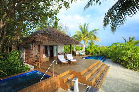 15 Fabulous Beach Houses in the Maldives Maldives Luxury Resorts, Wooden Deck, Water Villa, Maldives Resort, Resort Design, Beach Bungalows, Pool Bar, Beach Villa, Bar Lounge