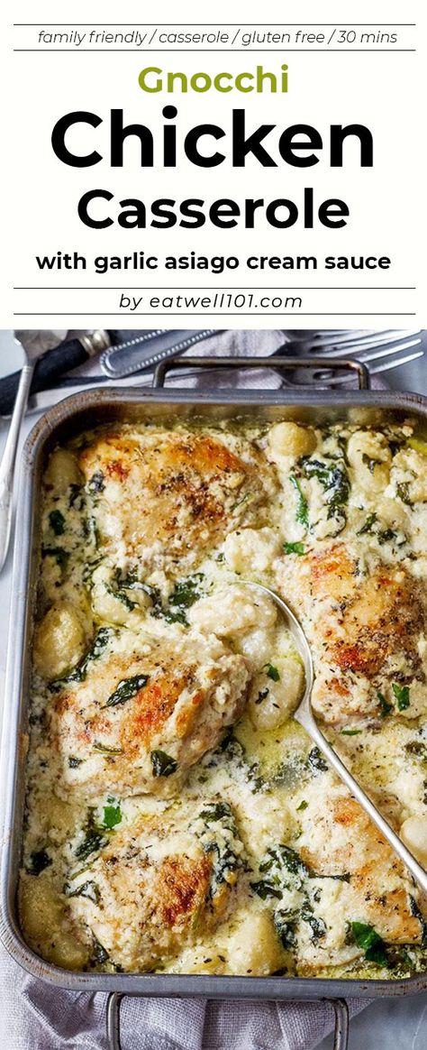 Chicken Gnocchi Casserole, Baked Chicken Gnocchi, Asiago Cream Sauce, Gnocchi Casserole, Gnocchi Dishes, Spinach Chicken, Gnocchi Recipe, Chicken Gnocchi, Seasoned Chicken