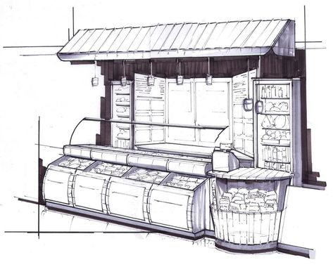 Counter Drawing, Awesome Sketches, White Sketches, Parisian Cafe, Kiosk Design, Black And White Sketches, Cool Sketches, Architecture Sketch, Snack Bar