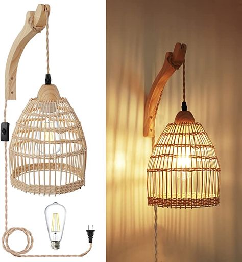 Boho Bedside Wall Lights, Rattan Hanging Lamp Bedroom, Wall Sconces Bedroom Boho, Hanging Lamp From Wall, Hanging Sconces Living Room, Boho Sconces Bedroom, Wall Mount Pendant Light, Wicker Hanging Light Bedroom, Bedside Pendant Lights Plug In