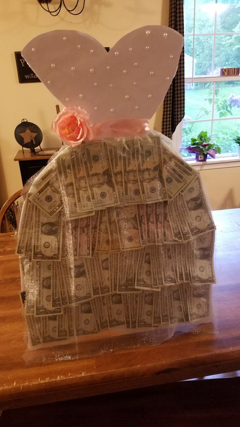 This was for a good friend's bridal shower at school. Instead of a money tree... we did a money dress! Money Bridal Shower Ideas, Money Tree Ideas, Room Mom Ideas, 40th Bday Ideas, Pomp And Circumstance, Month Ideas, Money Dress, Party Ideas Food, Money Cake