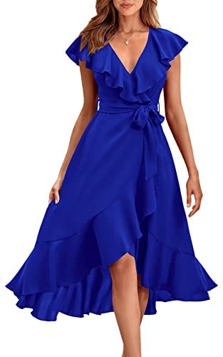 Limited-time deal: PRETTYGARDEN Women's 2024 Summer Wrap Midi Dress Casual Boho Deep V Neck Short Sleeve Ruffle Hem Split Beach Long Dresses Blue Dress Makeup Ideas, Maxi Dress Casual Boho, Ruffle Summer Dress, Holiday Dresses Women, Long Beach Dress, Wrap Midi Dress, Dress Makeup, Midi Dress Casual, Midi Short Sleeve Dress