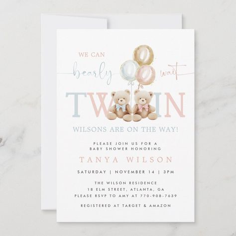 We Can Bearly Wait Twins, Twins Baby Shower Theme, Twin Baby Shower Theme, Twins Boy, Baby Shower Games Unique, Teddy Bear Baby Shower Invitations, Baby Shower Invites Neutral, Classy Baby Shower, Bear Baby Shower Theme